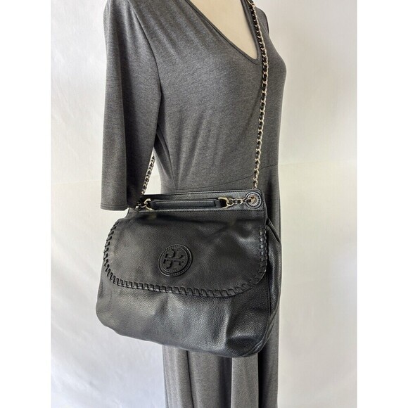 Tory Burch Marion Black Pebbled Leather 2-Way Whipstich Chain Strap Shoulder Bag - Picture 15 of 16